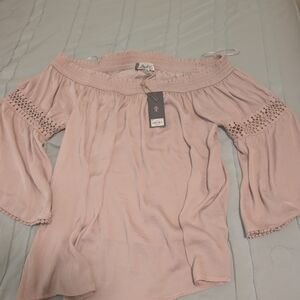 Jennifer Lopez Pink Smocked Off-Shoulder Blouse